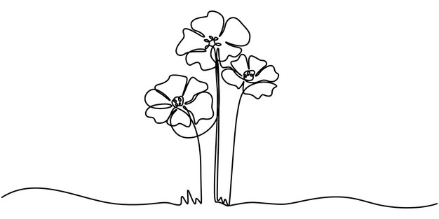 Un dibujo de la flor de la amapola de una línea continuo dibujo de una sola línea de la mapola de maíz de color flor silvestre roja