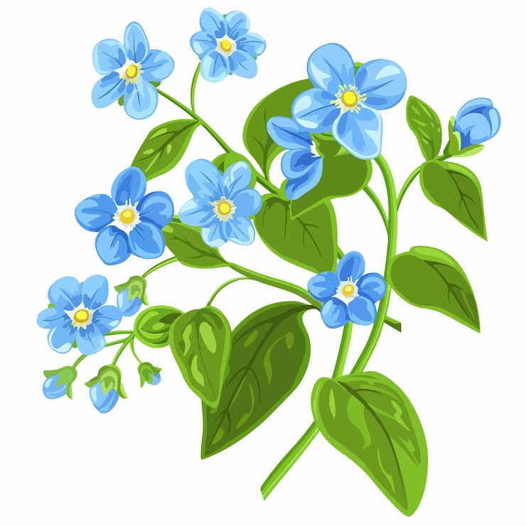 Vector un dibujo de una flor azul con el centro amarillo y flores azules
