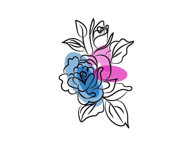 un dibujo de una flor con una flor azul y una flor rosa