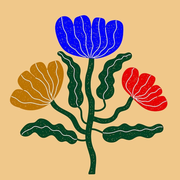 Un dibujo de una flor con una flor roja, amarilla y azul.