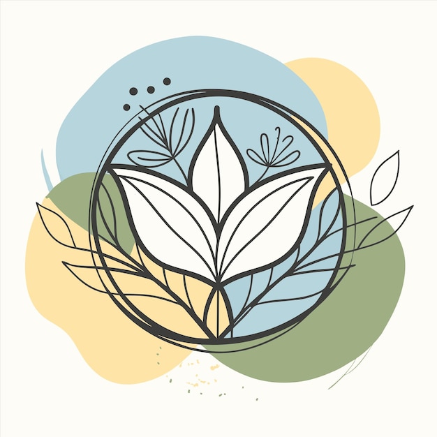 un dibujo de una flor con hojas y un fondo azul y amarillo