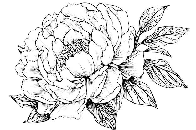 Dibujo de flor y hojas de peonía Ilustración de tinta grabada a mano en vector