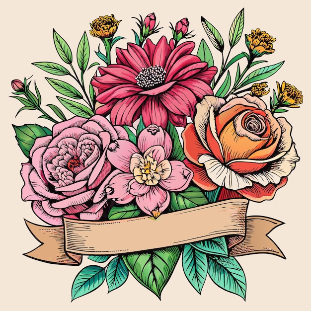 Vector un dibujo de flores con una cinta que dice 