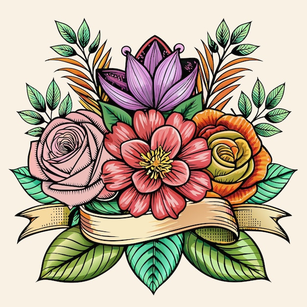 Vector un dibujo de flores con una cinta que dice 