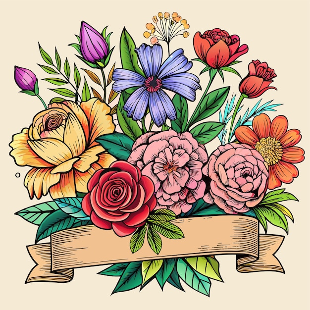 Vector un dibujo de flores con una cinta que dice primavera