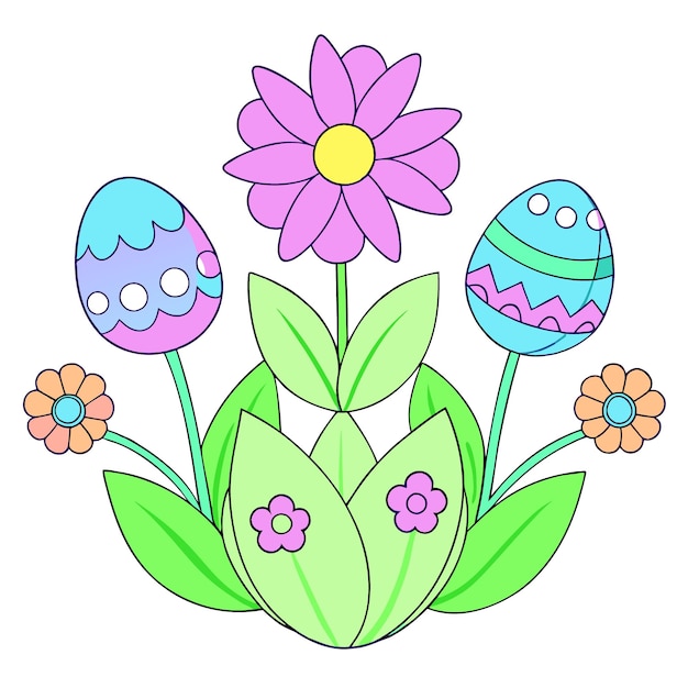 Un dibujo de flores con un dibujo de una flor con una cara en ella