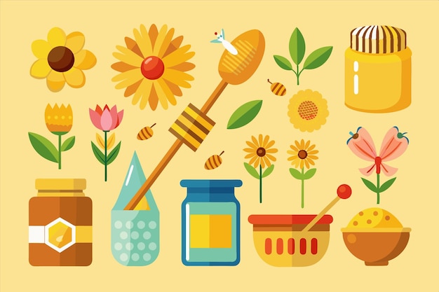 un dibujo de flores y un frasco con una botella de miel