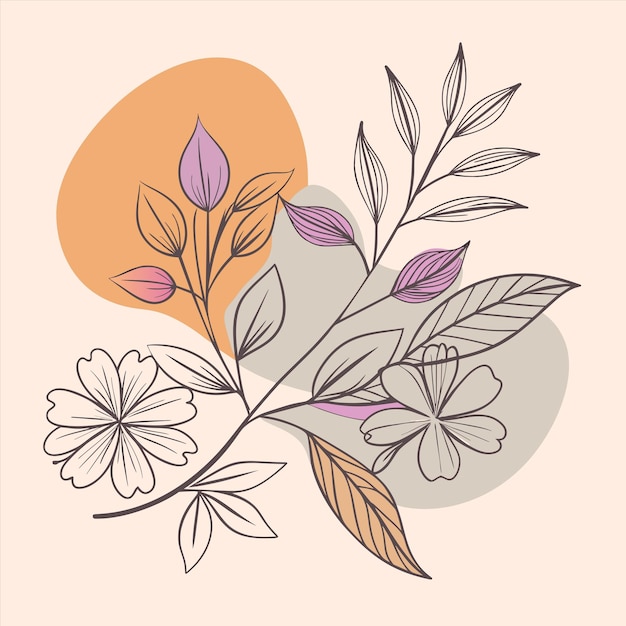 un dibujo de flores y hojas con un círculo naranja en el centro