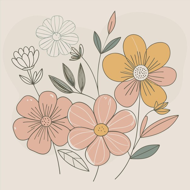 un dibujo de flores con hojas y flores