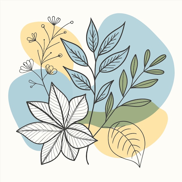 un dibujo de flores y hojas con un fondo azul