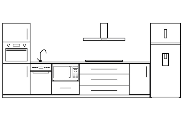 Dibujo de un frente de cocina en líneas negras sobre un fondo blanco