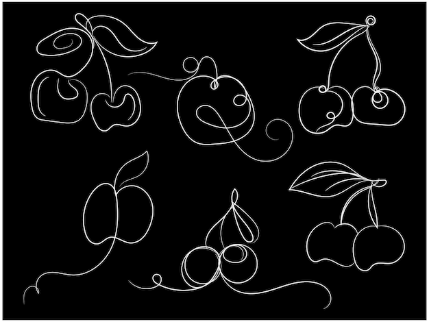 un dibujo de una fruta y una pera sobre un fondo negro