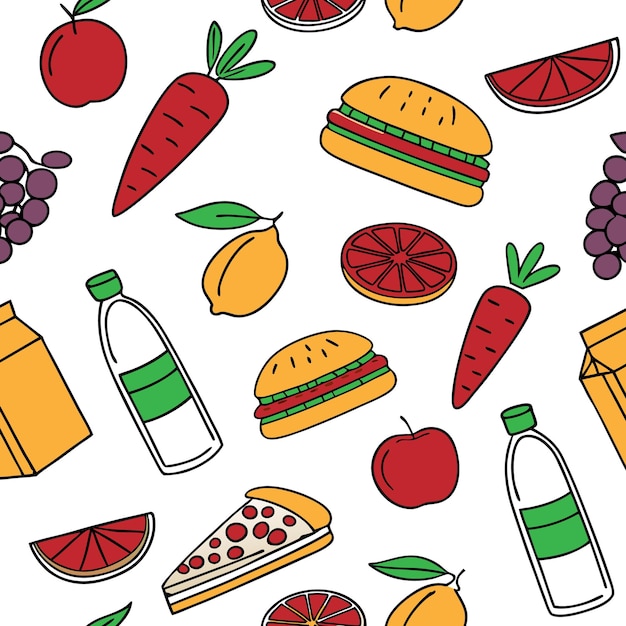 un dibujo de una fruta y verdura de hamburguesa en un fondo blanco