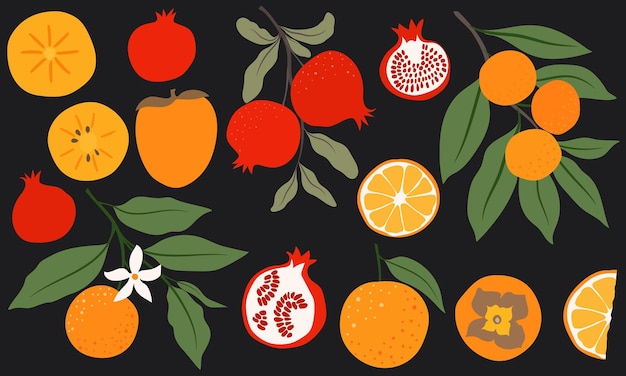 un dibujo de frutas y verduras con una imagen de un limón y una naranja