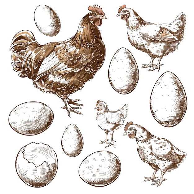 Vector un dibujo de una gallina y huevos