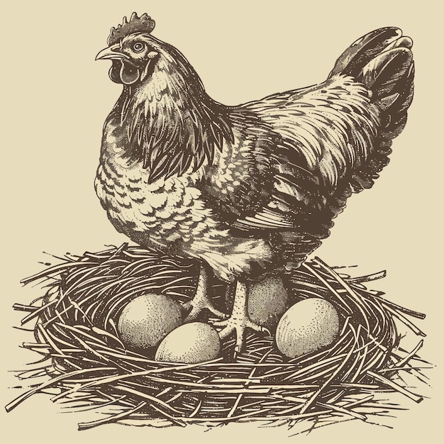 un dibujo de una gallina en un nido con huevos