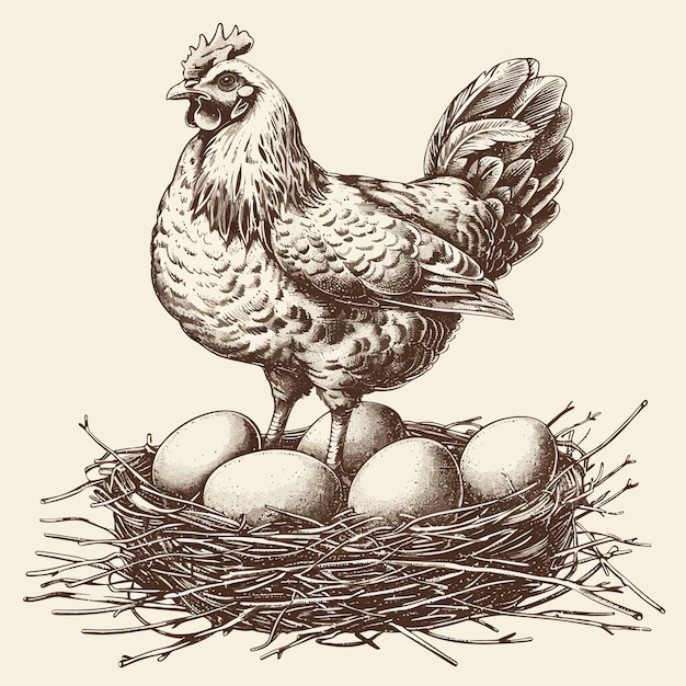 un dibujo de una gallina en un nido con huevos