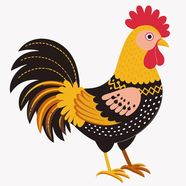 un dibujo de un gallo con una cola negra y dorada
