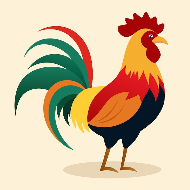 un dibujo de un gallo con una cola de plumas rojas y verdes