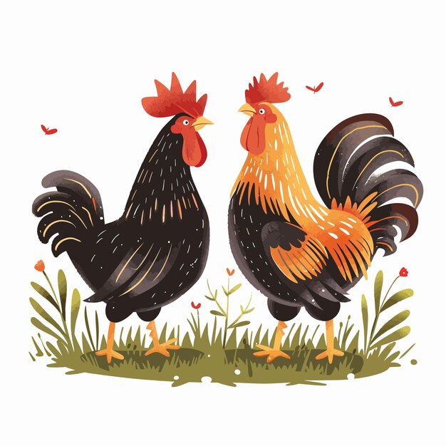 Vector un dibujo de un gallo y una gallina en la hierba