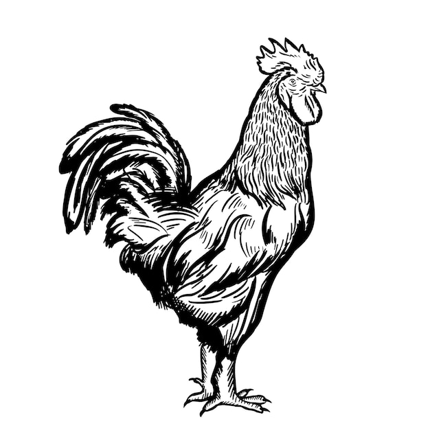 Dibujo de gallo. Negro dibujado a mano sobre un fondo blanco. Granja agrícola. Ilustración vectorial.