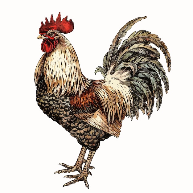 un dibujo de un gallo con un pico rojo y una cola negra
