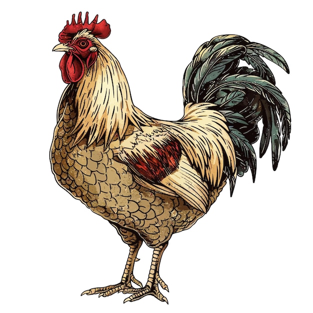 un dibujo de un gallo con un pico rojo y una cola negra