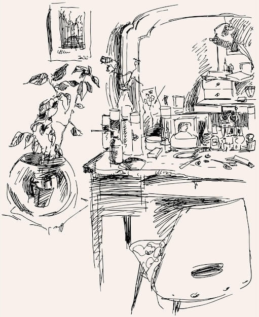 Dibujo de garabatos de contorno de la habitación interior con muchos cosméticos en el tocador