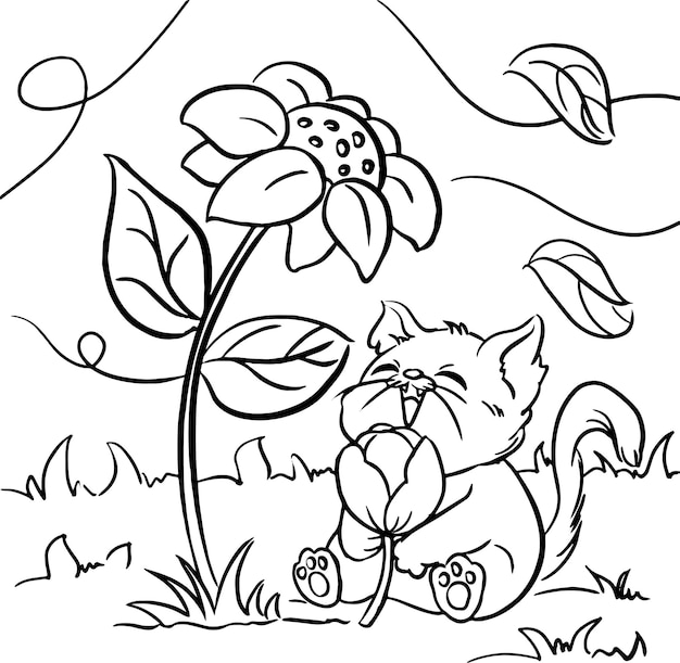 Dibujo de Gato feliz con flor de sol para colorear