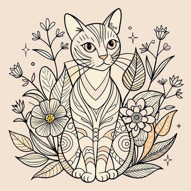 Vector un dibujo de un gato con flores y una imagen de un gato