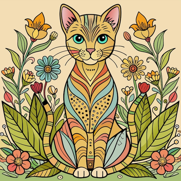 Vector un dibujo de un gato con flores y una imagen de un gato