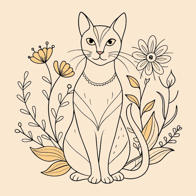 Vector un dibujo de un gato con flores y una imagen de un gato