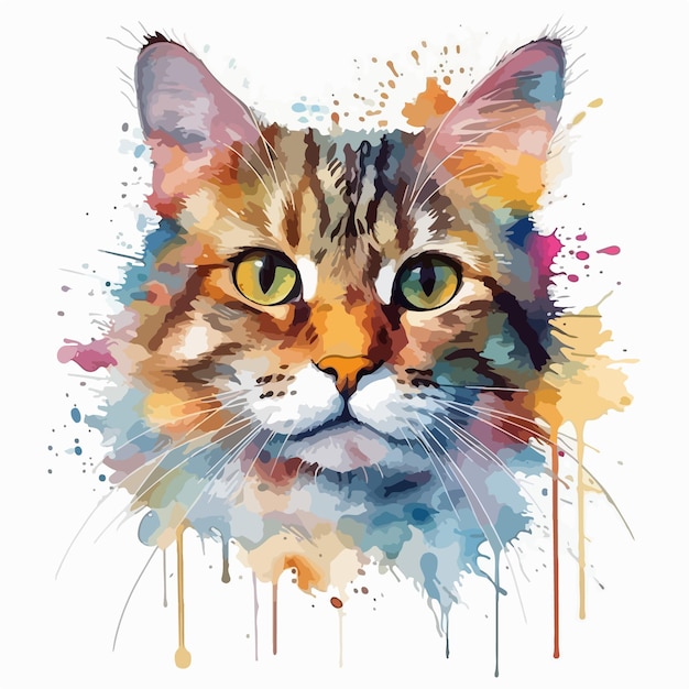 Un dibujo de un gato con un ojo amarillo y un fondo azul y naranja.