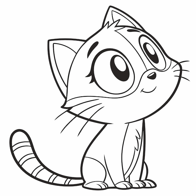 un dibujo de un gato con ojos grandes y una cola a rayas