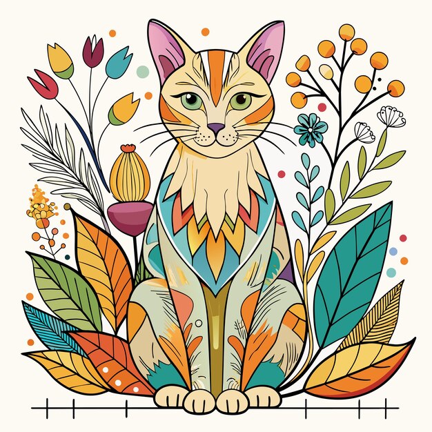 Vector un dibujo de un gato con un patrón floral