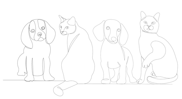 Dibujo de gatos y perros por un vector de boceto de línea continua