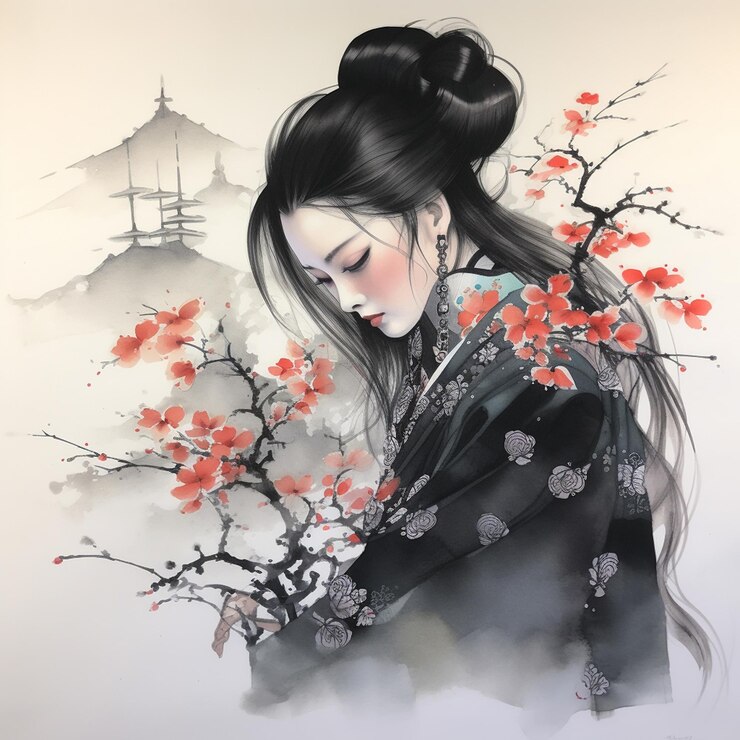 un dibujo de una geisha con una ciudad japonesa en el fondo