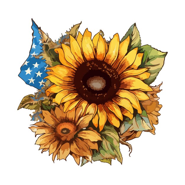 Dibujo de girasol vectorial con bandera de Estados Unidos rasgada Arte floral patriótico