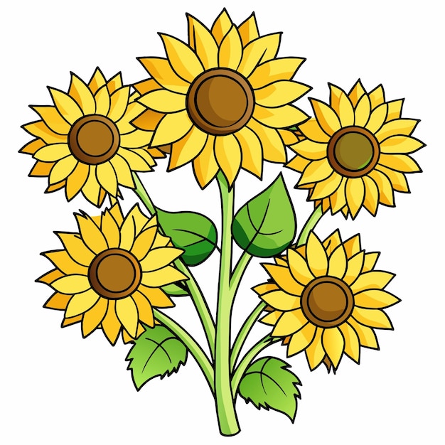 un dibujo de girasoles con una hoja verde