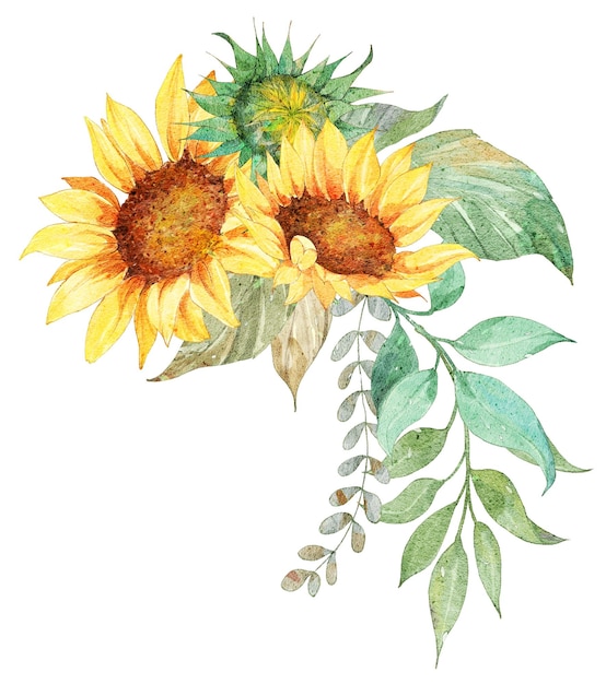 un dibujo de girasoles con hojas y un pájaro