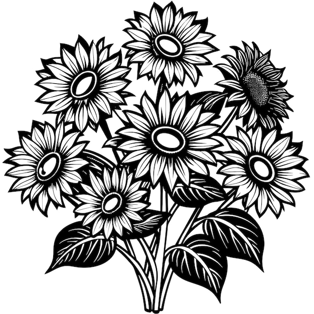 Vector un dibujo de girasoles que es blanco y negro