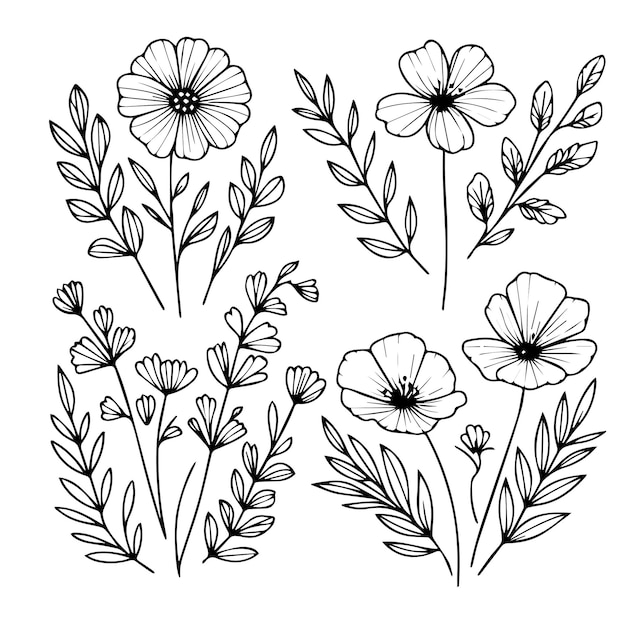 dibujo gráfico botánico mínimo diseño de tatuaje pequeño de moda elementos florales vector