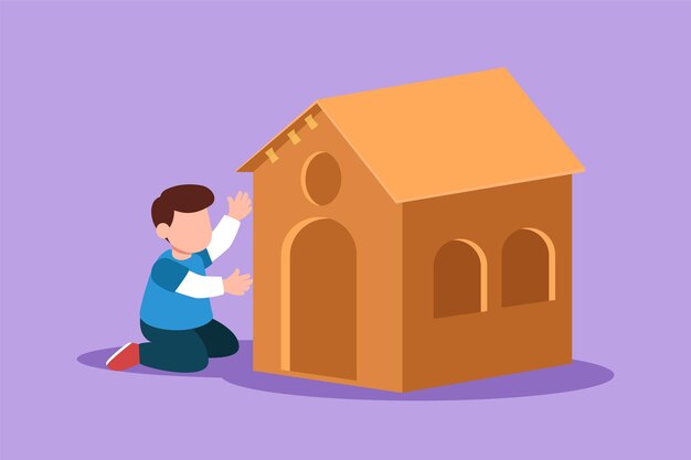 Dibujo gráfico de diseño plano de un adorable niño jugando en casa hecho de cajas de cartón Niños creativos sentados en una casa de juegos en la escuela Niños con tiempo libre Ilustración de vector de estilo de dibujos animados