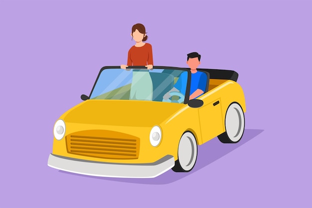 Dibujo gráfico de diseño plano de una pareja feliz montando un coche en un viaje por carretera Un hombre y una mujer románticos conduciendo en un coche descapotable viajando por la ciudad Pareja de vacaciones de verano Ilustración de vector de estilo de dibujos animados