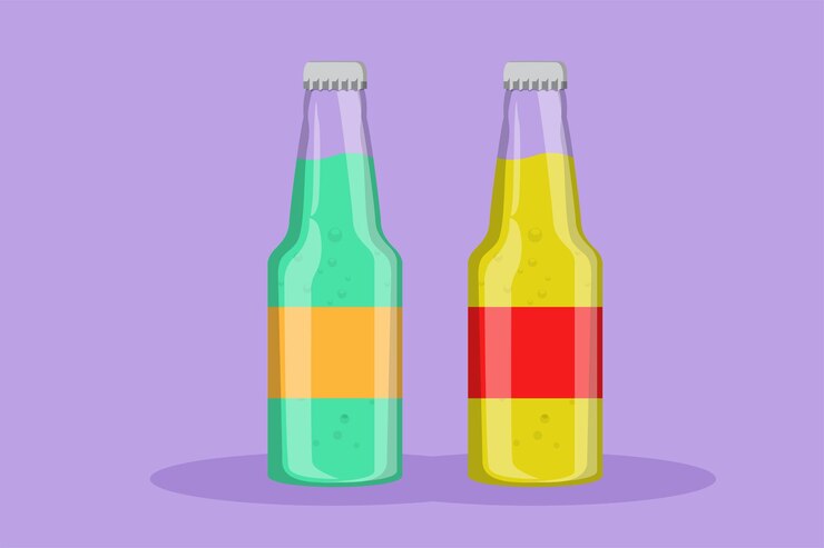 Vector dibujo gráfico de diseño plano refresco estilizado en el logotipo de la botella de vidrio emblema concepto de tienda de bebidas para cafetería o servicio de entrega de alimentos bebida refrescante en verano ilustración de vector de estilo de dibujos animados