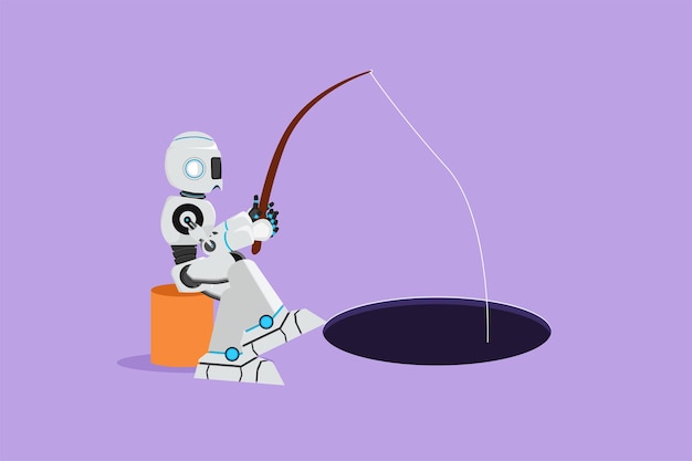 Dibujo gráfico de diseño plano del robot sentado y sosteniendo la caña de pescar del agujero Ganar dinero con la idea Tecnología futura Proceso de aprendizaje automático de inteligencia artificial Ilustración de vector de estilo de dibujos animados