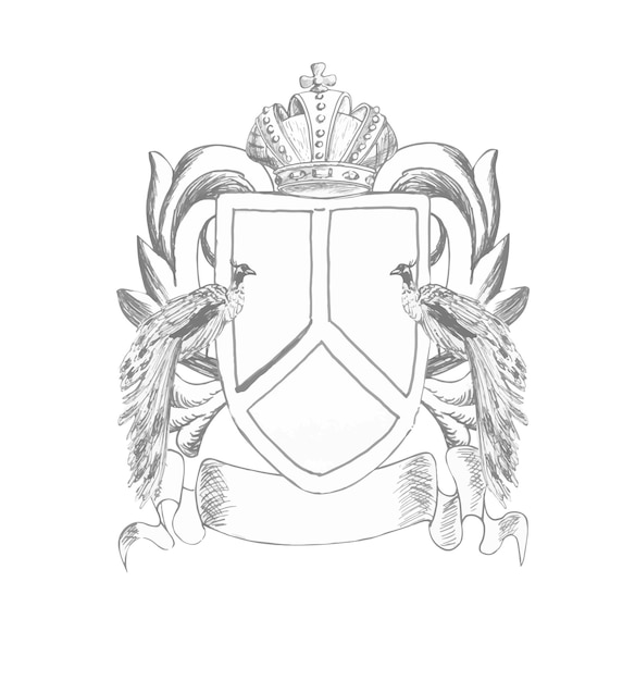 Dibujo gráfico del escudo de armas de la familia para decorar una boda barroca