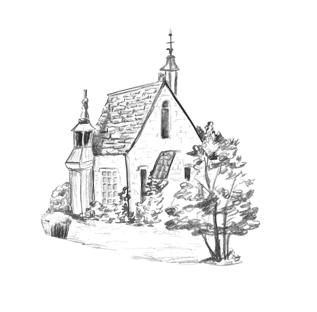 Dibujo gráfico a lápiz simple de la Iglesia Católica