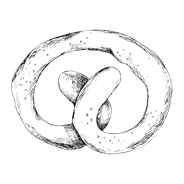 Dibujo gráfico de un pretzel alemán tradicional Ilustración vectorial de alimentos dibujada a mano para el diseño de cafés