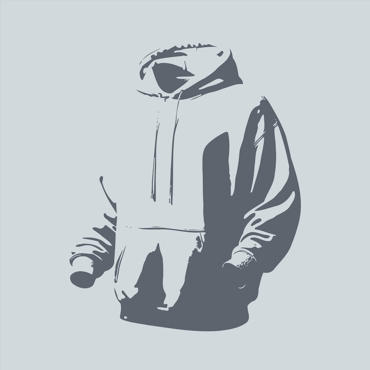 Vector un dibujo gris y blanco de una chaqueta con una capucha que dice un